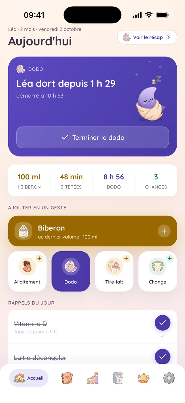 L’accueil de Caasi&nbsp;: Léa dort depuis 1 h 29, les totaux du jour et les gestes à noter en un tap.